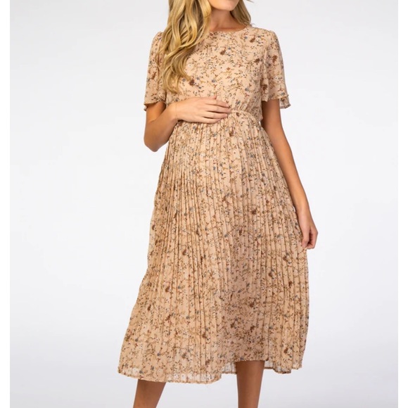 Pinkblush Dresses & Skirts - Pinkblush Floral Pleated Midi Dress - Beige